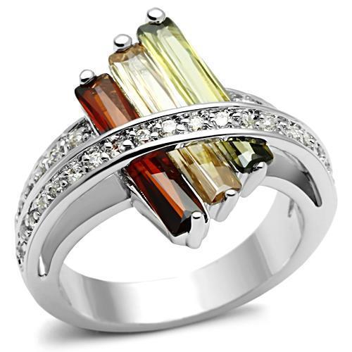 JCE025 Rhodium Brass Ring with AAA Grade CZ  in Multi Color