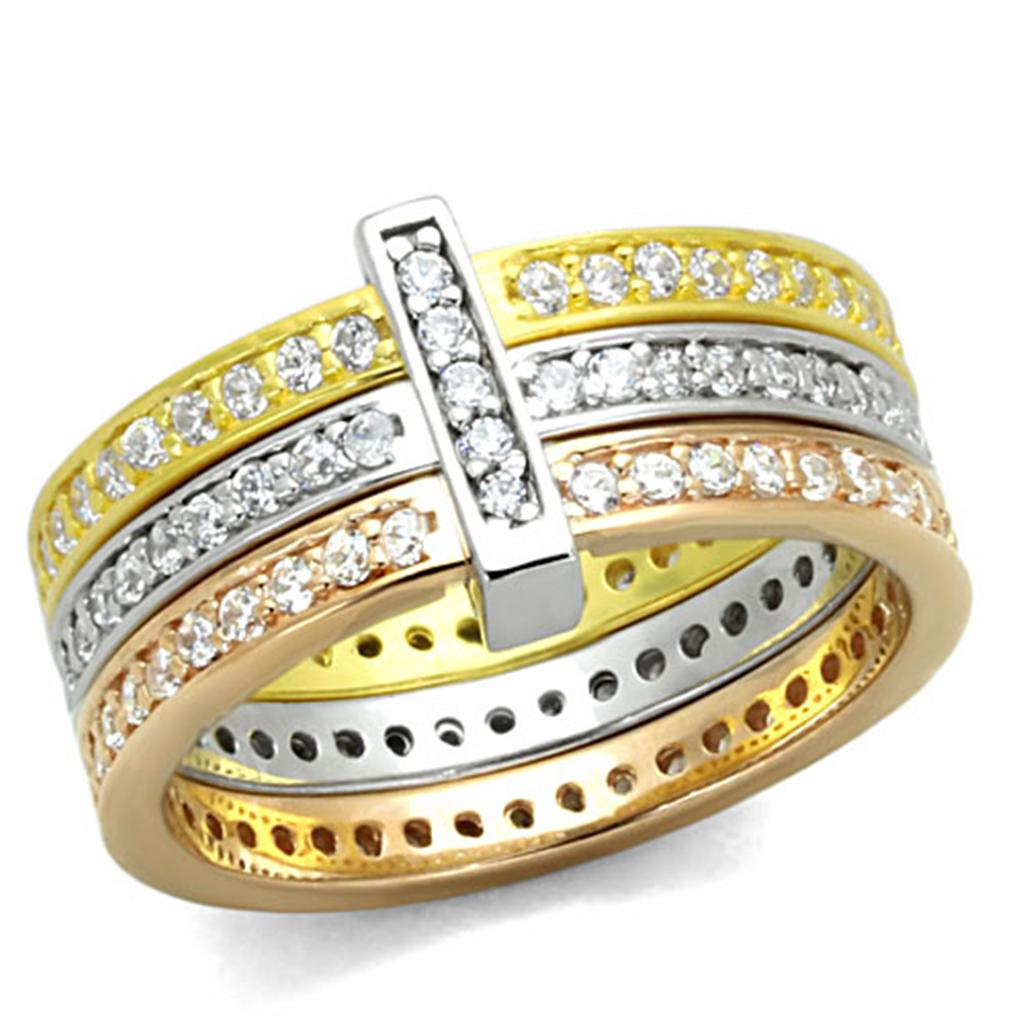 JCES811 Rhodium + Gold + Rose Gold 925 Sterling Silver Ring with AAA Grade CZ  in Clear