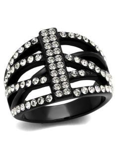 JCE2354 IP Black(Ion Plating) Stainless Steel Ring with Top Grade Crystal  in Clear